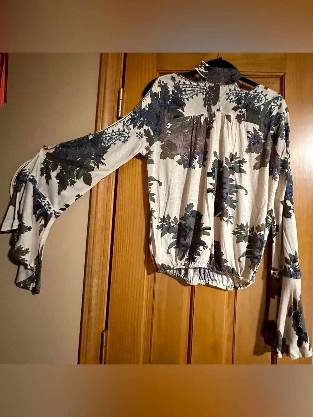 Free People Cream Blouse with Blue Floral Print and Cold-Shoulder Sleeves